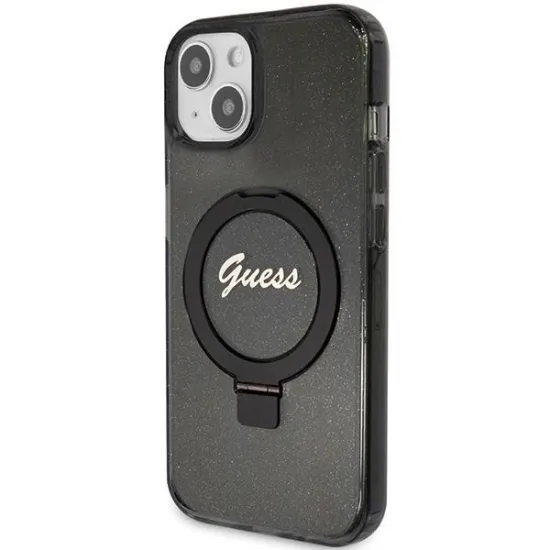 Guess Ring Stand Script Glitter MagSafe case for iPhone 15 - black