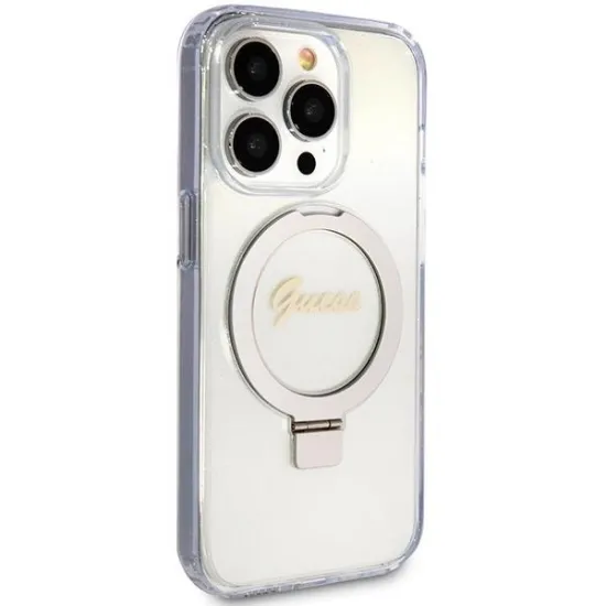Guess Ring Stand Script Glitter MagSafe case for iPhone 15 Pro Max - transparent