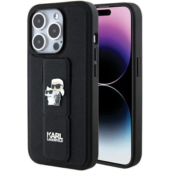 Karl Lagerfeld Gripstand Saffiano Karl&amp;Choupette Pins case for iPhone 15 Pro - black