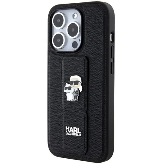 Karl Lagerfeld Gripstand Saffiano Karl&amp;Choupette Pins case for iPhone 15 Pro - black