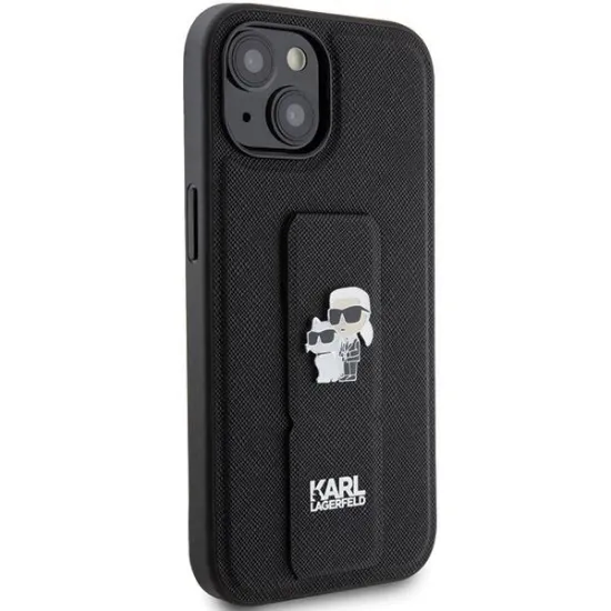Karl Lagerfeld Gripstand Saffiano Karl&amp;Choupette Pins case for iPhone 15 - black