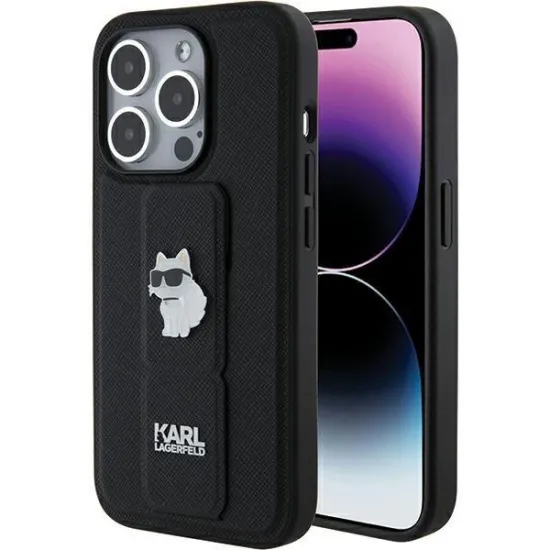 Karl Lagerfeld Gripstand Saffiano Choupette Pins case for iPhone 15 Pro Max - black