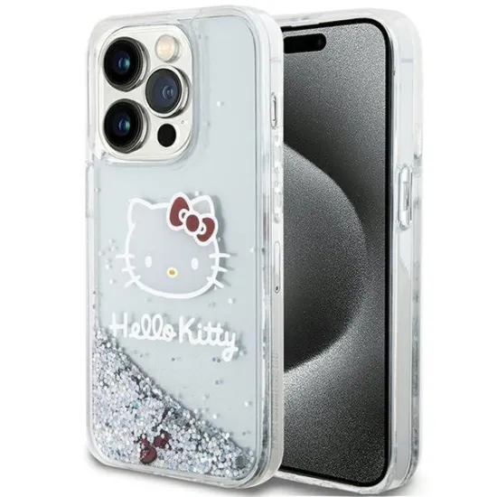 Coque Hello Kitty Liquid Glitter Charms Kitty Head pour iPhone 15 Pro - argent