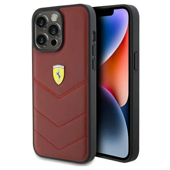 Ferrari Lederhülle mit genähten Linien für iPhone 15 Pro Max – Rot