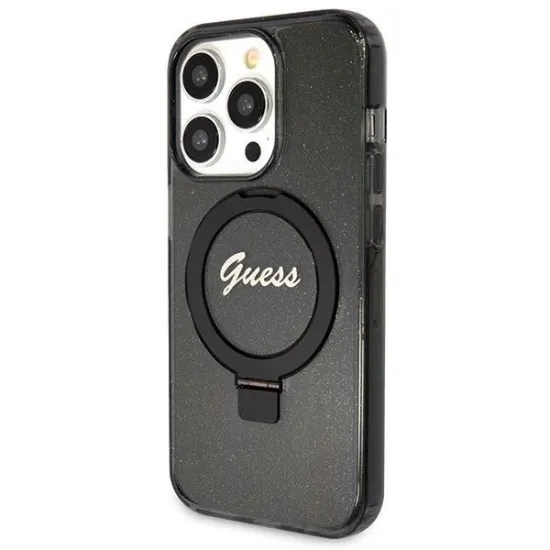 Guess Ring Stand Script Glitter MagSafe case for iPhone 14 Pro - black