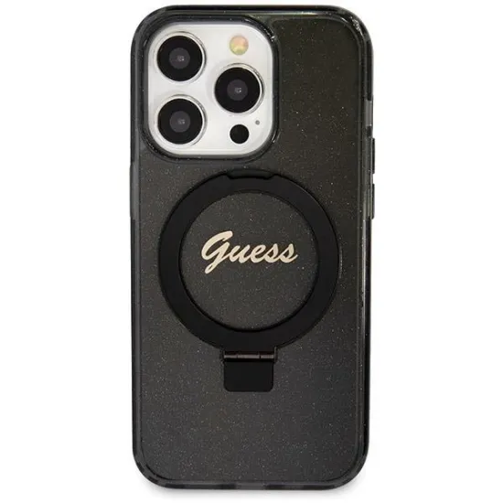 Guess Ring Stand Script Glitter MagSafe case for iPhone 14 Pro - black