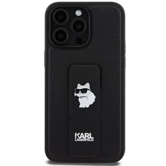 Karl Lagerfeld Gripstand Saffiano Choupette Pins Case for iPhone 13 Pro / 13 - Black