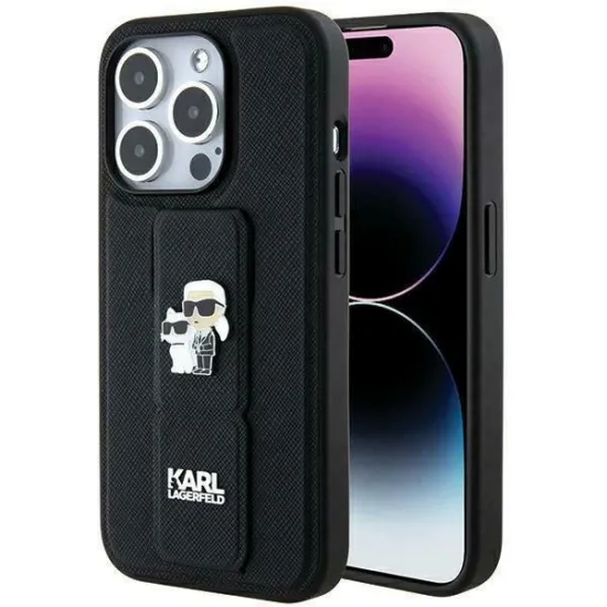 Karl Lagerfeld Gripstand Saffiano Karl&amp;Choupette Pins case for iPhone 13 Pro / 13 - black