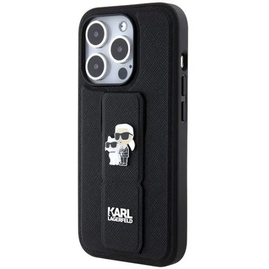 Karl Lagerfeld Gripstand Saffiano Karl&amp;Choupette Pins case for iPhone 13 Pro / 13 - black