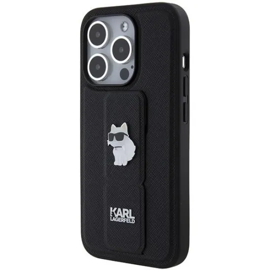 Karl Lagerfeld Gripstand Saffiano Choupette Pins case for iPhone 14 Pro Max - black