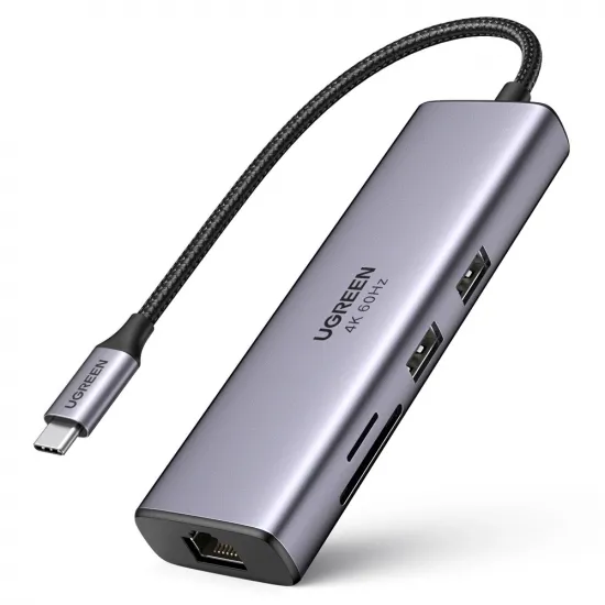 [B WARE] Ugreen 7in1 Multifunktions-HUB USB Typ C - 2x USB 3.2 Gen 1 / HDMI 4K 60Hz / SD- und TF-Kartenleser / USB Typ C PD 100W / RJ45 1000Mbps (1Gbps) grau (60515 CM512)