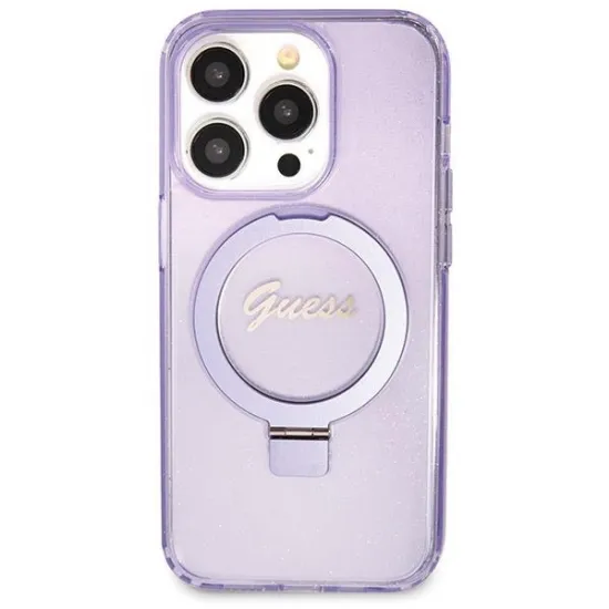 Guess Ring Stand Script Glitter MagSafe case for iPhone 13 Pro Max - purple