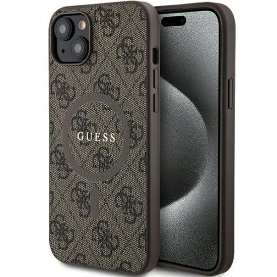 Guess 4G Collection Leder Metall Logo MagSafe Hülle für iPhone 14/15/13 – Braun