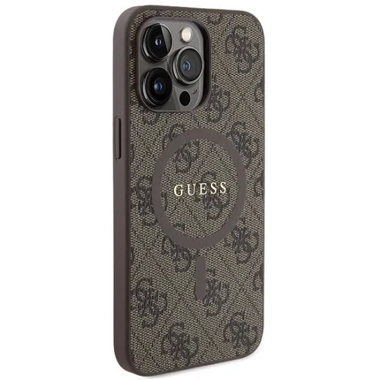 Guess 4G Collection Leather Metal Logo MagSafe Case for iPhone 14 Pro Max - Brown