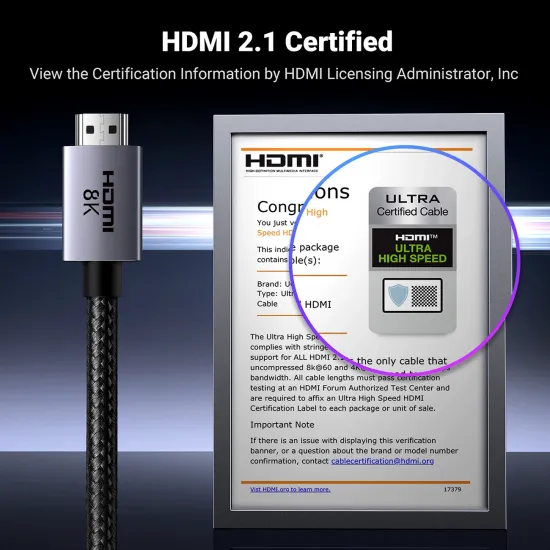 Ugreen HD171-Kabel mit zertifizierten HDMI 2.1 8K-Anschlüssen, 1 m lang – Grau