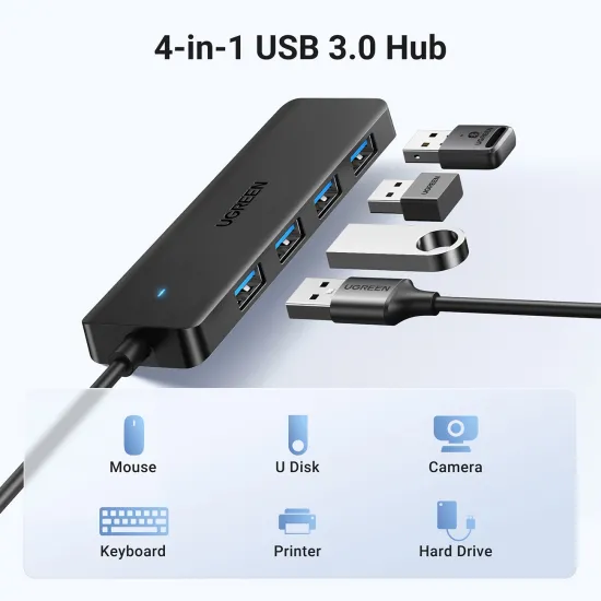 Ugreen CM219 HUB mit 4 USB-A 3.0-Anschlüssen und USB-A 3.0-Kabel – Schwarz