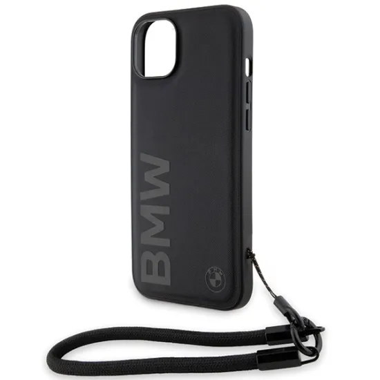 BMW Signature Leather Wordmark Cord Case for iPhone 15/14/13 - Black