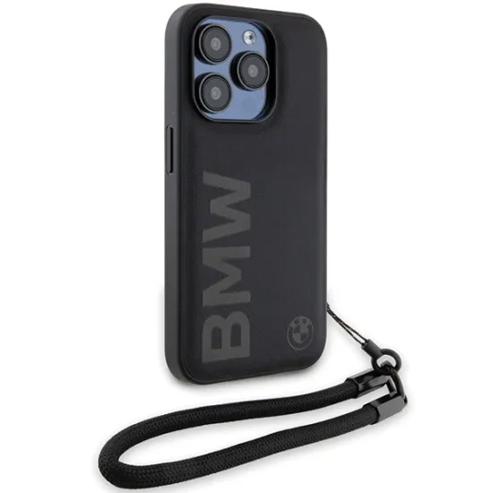BMW Signature Leather Wordmark Cord case for iPhone 15 Pro Max - black