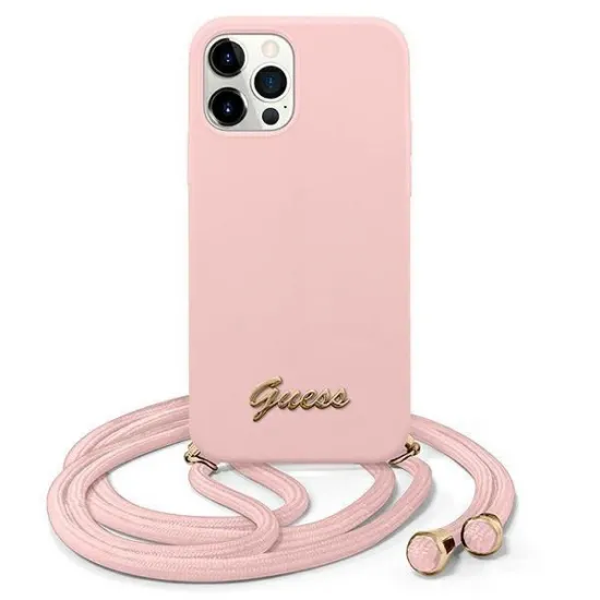 Guess, GUHCP12LLSCLMMGLP iPhone 12 Pro Max 6,7&quot; rosa/rosa Hardcase Metall-Logo-Schnur