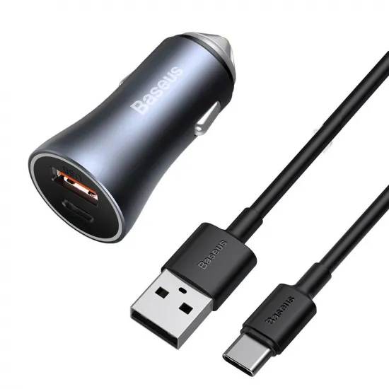 Baseus Golden Contactor Pro car charger USB-C / USB-A 40W PD QC 4+ SCP FCP AFC + cable - gray