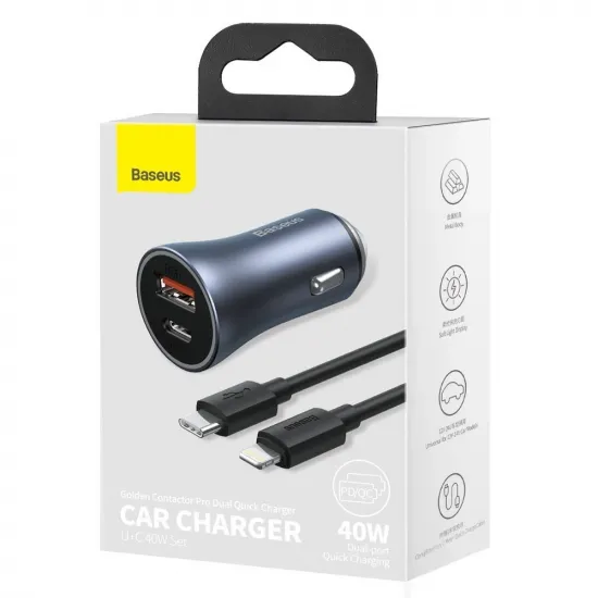 Baseus Golden Contactor Pro fast car charger USB Type C / USB 40 W Power Delivery 3.0 Quick Charge 4+ SCP FCP AFC + USB Type C cable - Lightning gray (TZCCJD-B0G)