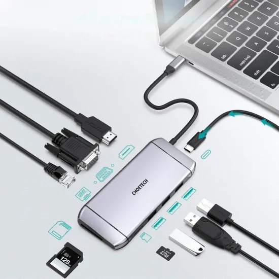 Choetech 9in1 Multifunktions-HUB USB Typ C - 3x USB 3.2 Gen 1 / SD- und TF-Kartenleser / HDMI 4K 30Hz / VGA Full HD 60Hz / USB Typ C / RJ45 grau (HUB-M15 grau)