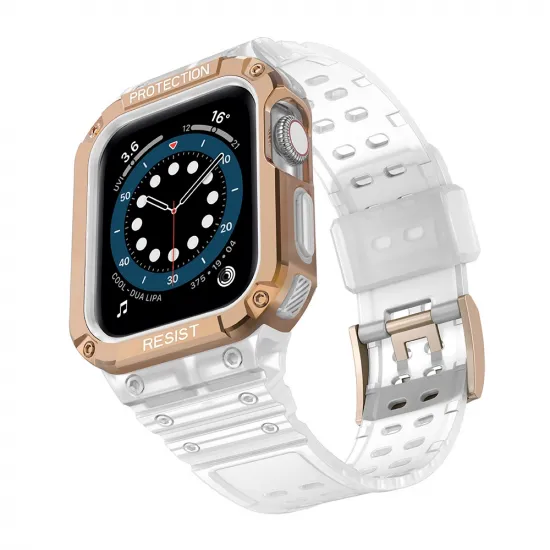 Protect Strap Band Case Wristband for Apple Watch 7 / 6 / 5 / 4 / 3 / 2 / SE (45 / 44 / 42mm) Case Armor Watch Cover Transparent / Rose Gold