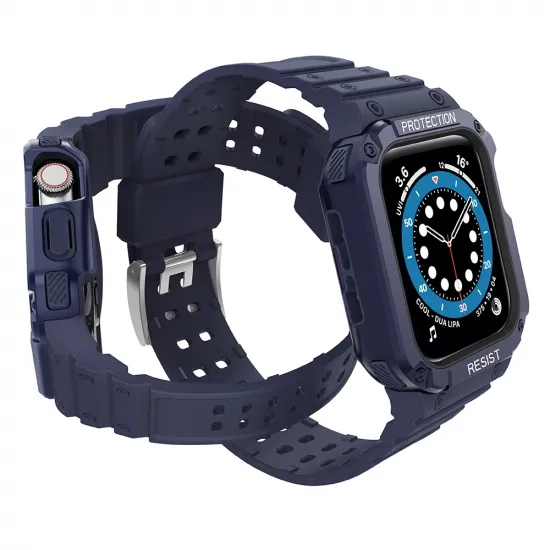 Protect Strap Band Band mit Gehäuse für Apple Watch 7 / SE (45/44 / 42 mm) Gehäuse gepanzerte Uhrenabdeckung blau