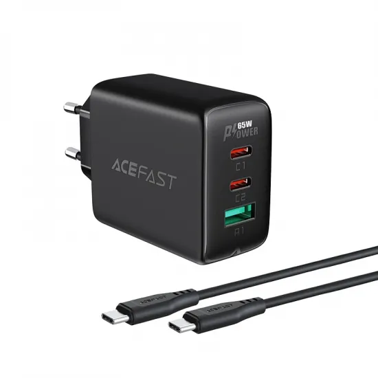 Acefast 2in1 wall charger 2x USB-C / USB-A 65W, PD, QC 3.0, AFC, FCP (set with USB-C 1.2m cable) black (A13 black)