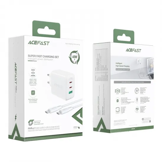 Acefast 2in1 charger 2x USB Type C / USB 65W, PD, QC 3.0, AFC, FCP (set with cable) white (A13 white)