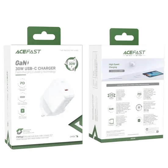 Acefast GaN wall charger (UK plug) USB Type C 30W, Power Delivery, PPS, Q3 3.0, AFC, FCP white (A24 UK white)