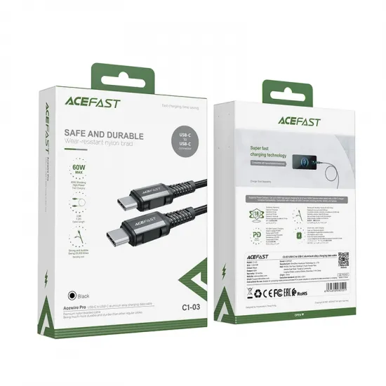 Acefast cable USB Type C - USB Type C 1.2m, 60W (20V / 3A) black (C1-03 black)