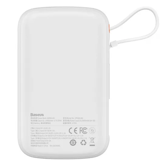 Baseus Qpow power bank 10000mAh built-in USB Type-C cable 22.5W Quick Charge SCP AFC FCP white (PPQD020102)
