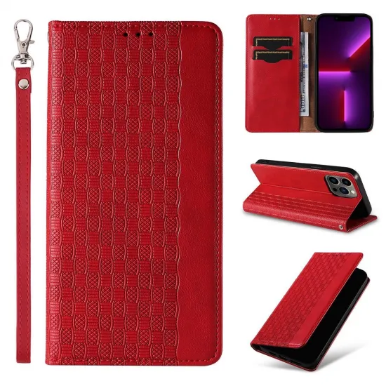 Magnet Strap Case iPhone 14 Pro Case with Flip Wallet Mini Lanyard Stand Red