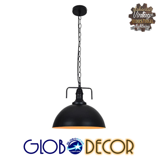 GloboStar® LARKIN 01175 Vintage Κρεμαστό Φωτιστικό Οροφής Μονόφωτο 1 x E27 AC220-240V - Φ30 x Υ28cm - Μαύρο Μεταλλικό Καμπάνα - 5 Χρόνια Εγγύηση