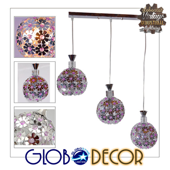 GloboStar® ILLUME 01249 Μοντέρνο Κρεμαστό Φωτιστικό Οροφής Τρίφωτο 3 x E27 Ασημί Μεταλλικό με Κρύσταλλα Μ64 x Π18 x Υ24cm