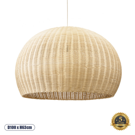 GloboStar® RAITO 01826 Boho Κρεμαστό Φωτιστικό Οροφής Μονόφωτο 1 x E27 AC220-240V IP20 - Φ100 x Υ63cm - Μπεζ Ξύλινο Μπαμπού Πλέγμα Καμπάνα