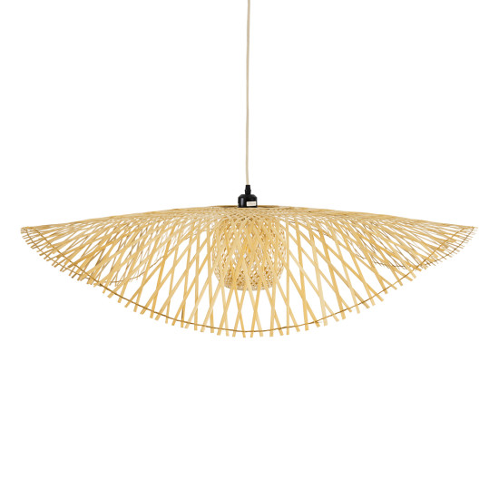 GloboStar® CINNABAR 01838 Boho Κρεμαστό Φωτιστικό Οροφής Μονόφωτο 1 x E27 AC220-240V IP20 - Φ100 x Υ21cm - Μπεζ Ξύλινο Μπαμπού Πλέγμα - 5 Χρόνια Εγγύηση