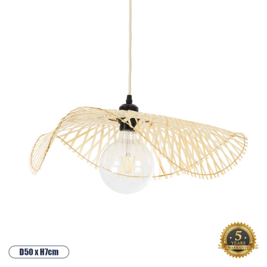 GloboStar® MELEMELE 01840 Boho Κρεμαστό Φωτιστικό Οροφής Μονόφωτο 1 x E27 AC220-240V IP20 - Φ50 x Υ7cm - Μπεζ Ξύλινο Μπαμπού Πλέγμα