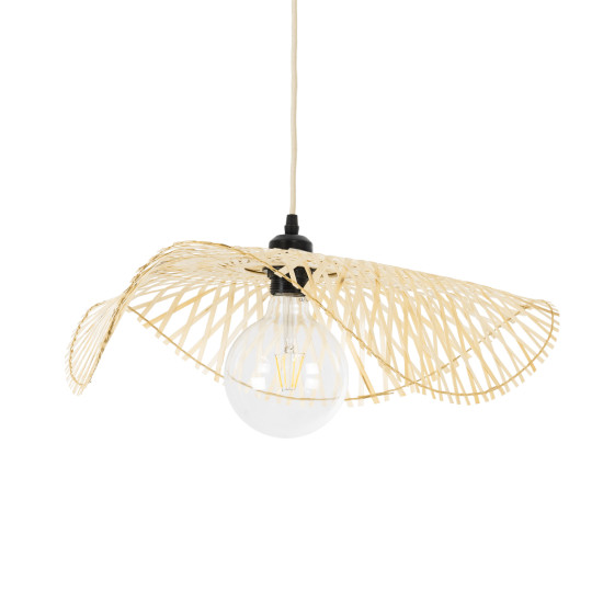 GloboStar® MELEMELE 01840 Boho Κρεμαστό Φωτιστικό Οροφής Μονόφωτο 1 x E27 AC220-240V IP20 - Φ50 x Υ7cm - Μπεζ Ξύλινο Μπαμπού Πλέγμα