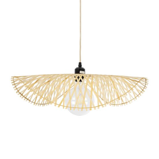 GloboStar® MELEMELE 01840 Boho Κρεμαστό Φωτιστικό Οροφής Μονόφωτο 1 x E27 AC220-240V IP20 - Φ50 x Υ7cm - Μπεζ Ξύλινο Μπαμπού Πλέγμα