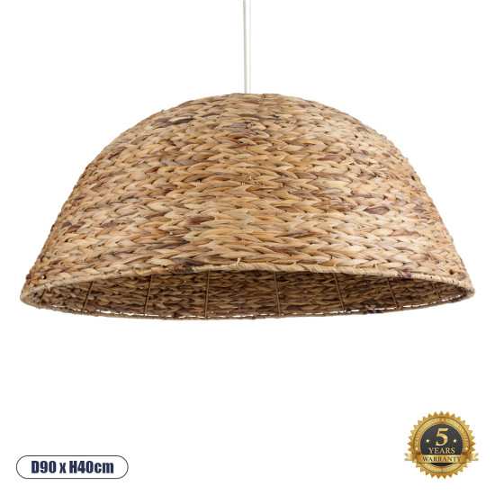 GloboStar® MANGATA 01848 Boho Κρεμαστό Φωτιστικό Οροφής Μονόφωτο 1 x E27 AC220-240V IP20 - Φ90 x Υ40cm - Καφέ Water Hyacinth - Υδρουάκινθος Πλέγμα Καμπάνα