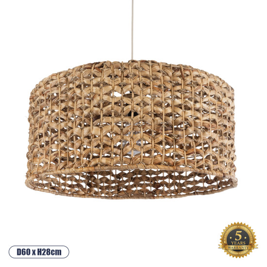 GloboStar® MANGATA 01849 Boho Κρεμαστό Φωτιστικό Οροφής Μονόφωτο 1 x E27 AC220-240V IP20 - Φ60 x Υ28cm - Καφέ Water Hyacinth - Υδρουάκινθος Πλέγμα Καμπάνα