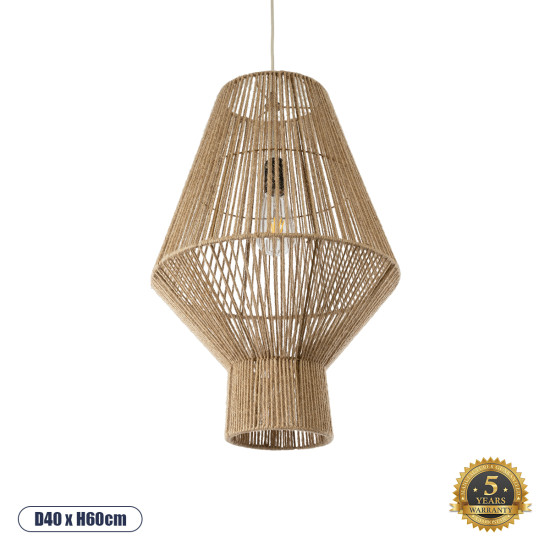 GloboStar® CAYMAN 01853 Boho Κρεμαστό Φωτιστικό Οροφής Μονόφωτο 1 x E27 AC220-240V IP20 - Φ40 x Υ60cm - Μπεζ Λεπτό Σχοινί Τριχιά Πλέγμα