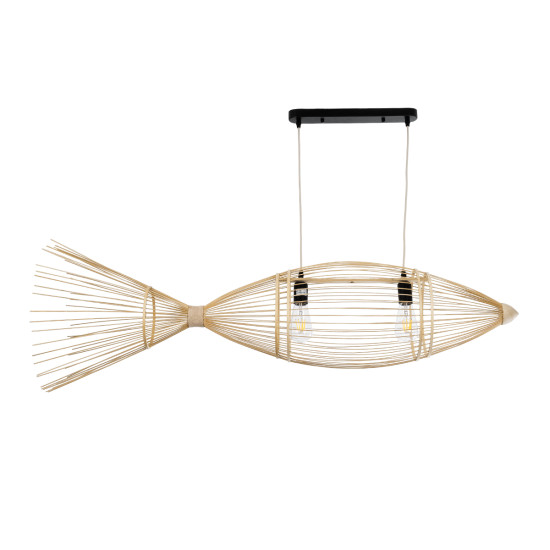 GloboStar® FISH 01927 Μοντέρνο Κρεμαστό Φωτιστικό Οροφής  2 x E27 AC 220-240V IP20 - Μ130 x Π42 x Υ42cm - Μπεζ Ξύλινο Πλέγμα