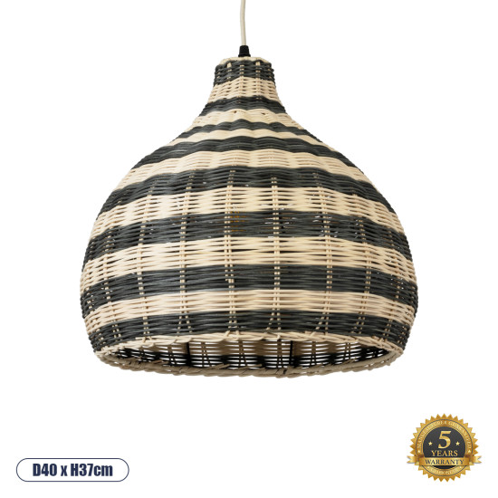 GloboStar® JAMAICA 01954 Boho Κρεμαστό Φωτιστικό Οροφής Μονόφωτο 1 x E27 AC220-240V IP20 - Φ40 x Υ37cm - Μπεζ με Χακί Ξύλινο Μπαμπού Πλέγμα Καμπάνα