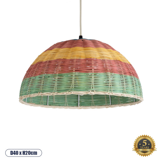 GloboStar® CABALLEROS 02060 Boho Κρεμαστό Φωτιστικό Οροφής Μονόφωτο 1 x E27 AC220-240V IP20 - Φ40 x Υ20cm - Πράσινο με Κίτρινο και Κόκκινο Ξύλινο Μπαμπού Πλέγμα Καμπάνα