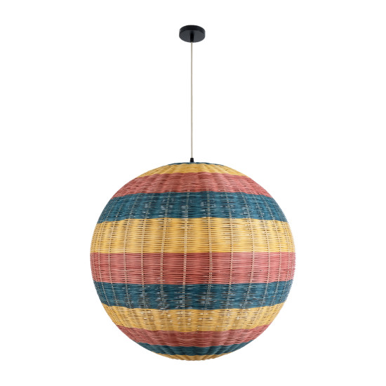 GloboStar® CABALLEROS 02063 Boho Κρεμαστό Φωτιστικό Οροφής Μονόφωτο 1 x E27 AC220-240V IP20 - Φ70 x Υ70cm - Μπλε με Κίτρινο και Κόκκινο Μπαμπού Πλέγμα Μπάλα - 5 Χρόνια Εγγύηση