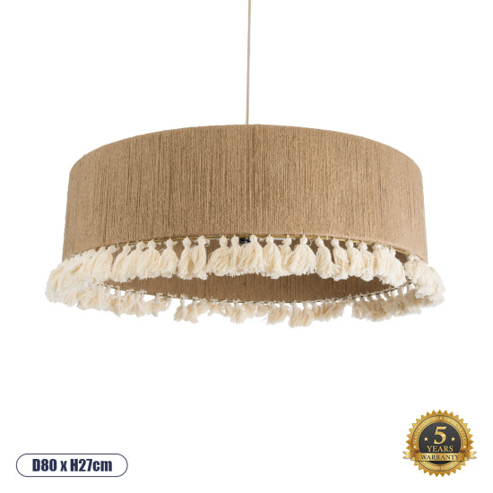 GloboStar® PUERTORICO 02095 Boho Κρεμαστό Φωτιστικό Οροφής Τριφωτο 3 x E27 AC220-240V IP20 - Φ80 x Υ27cm - Μπεζ με Λευκό Λεπτό Νήμα Πλέγμα Βαμβακερό Καπέλο - 5 Χρόνια Εγγύηση