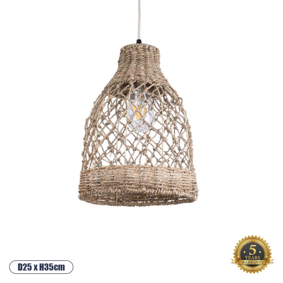 GloboStar® ECUADOR 02118 Boho Κρεμαστό Φωτιστικό Οροφής Μονόφωτο 1 x E27 AC220-240V IP20 - Φ25 x Υ35cm - Μπεζ Seagrass - Φύκι Πλέγμα Καμπάνα